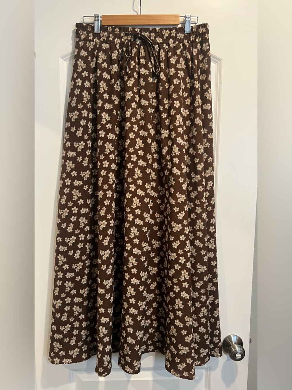 Brown Floral Maxi Skirt with Cream Flower Print